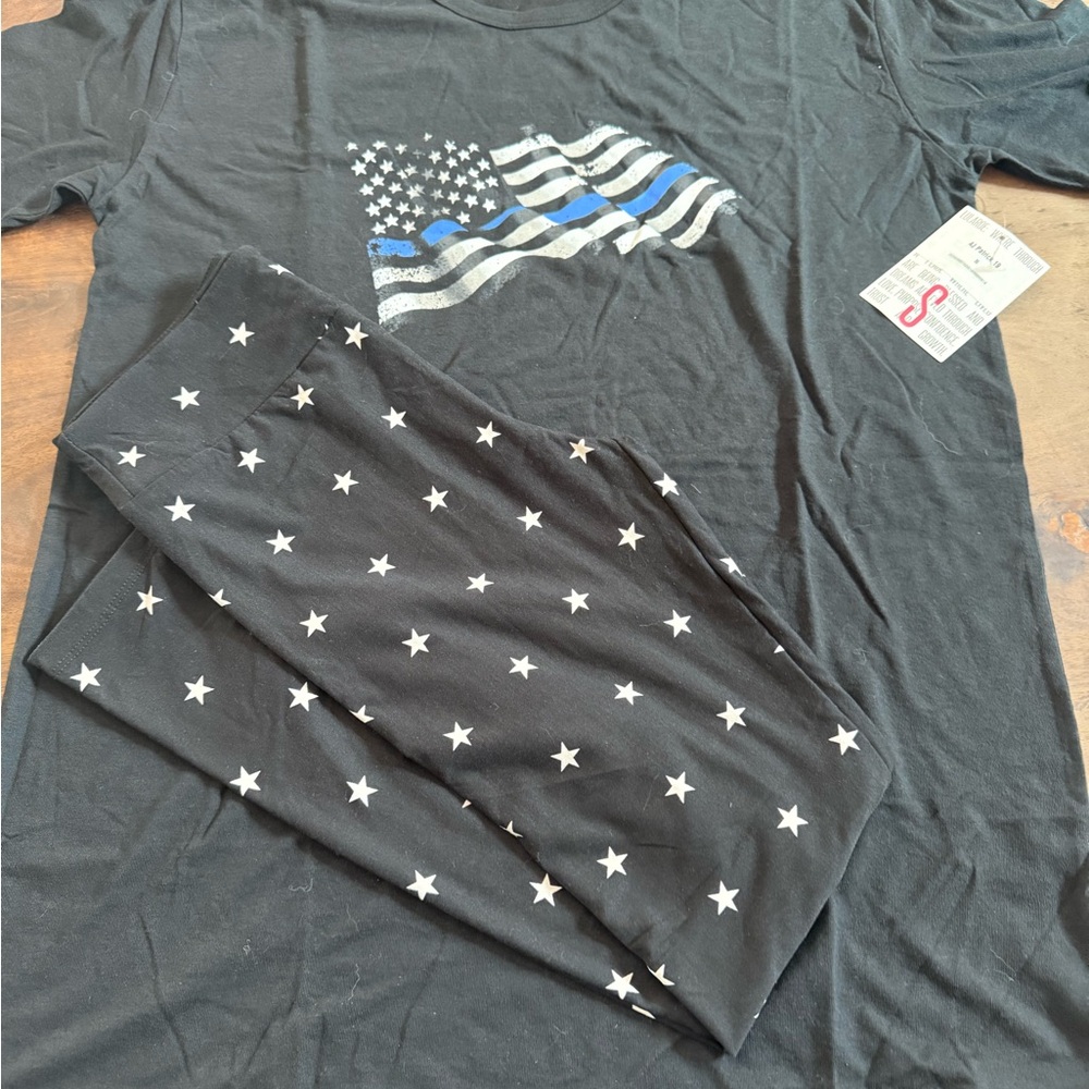 LuLaRoe OS Black Star Leggings and Flag T-Shirt Set